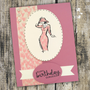 Handmade birthday card with a pink dress illustration and 'Happy Birthday, Gorgeous' sentiment banner, from a 31-day card making challenge