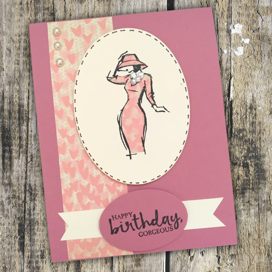 Handmade birthday card with a pink dress illustration and 'Happy Birthday, Gorgeous' sentiment banner, from a 31-day card making challenge