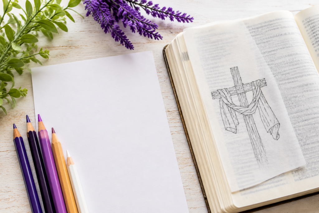 Bible journaling ideas with a cross design ready to trace onto a Bible page using colored pencils.