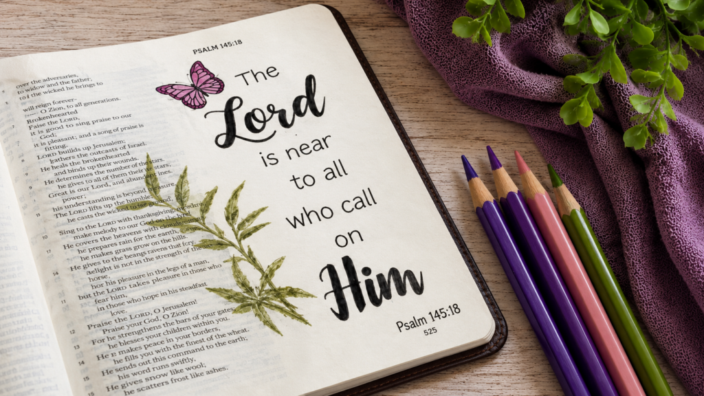 Psalm 145:18 Bible journaling page with colored pencils, purple fabric, and greenery featuring “The Lord is near to all who call on Him.”