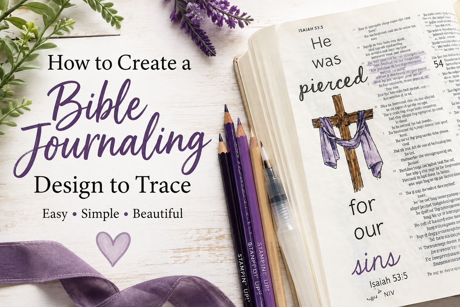 Bible journaling design showing an Isaiah 53:5 design with a cross, watercolor pencils, and hand lettering to trace.
