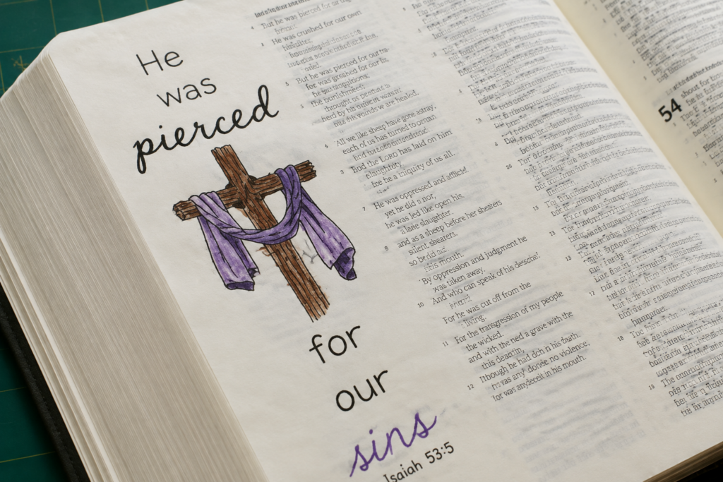 Finished Isaiah 53:5 Bible journaling page with a hand-colored cross and the words He was pierced for our sins.