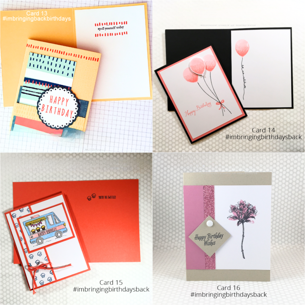 Four handmade birthday card ideas featuring a Paper Pumpkin design, Balloon Celebration stamp set, watercolor pencil Tasty Trucks card, and Avant Garden card with glimmer paper accent