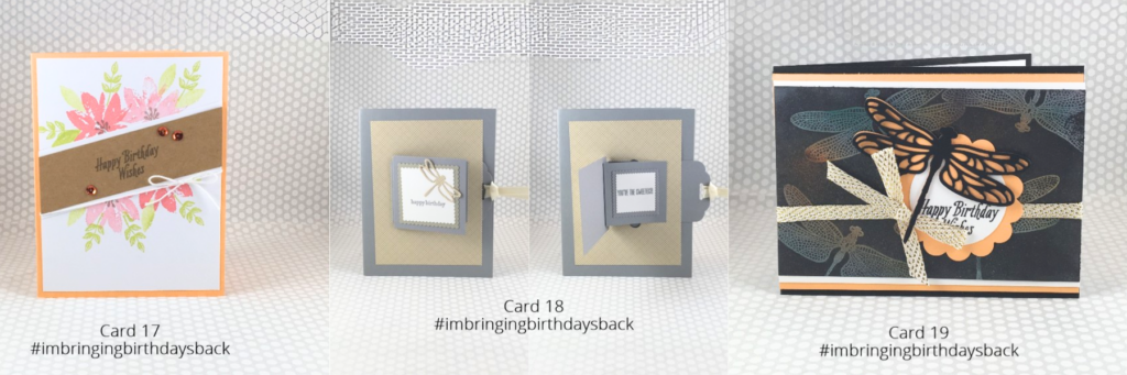 Three handmade birthday card ideas featuring the Avant Garden stamp set and an interactive dragonfly cut-out design
