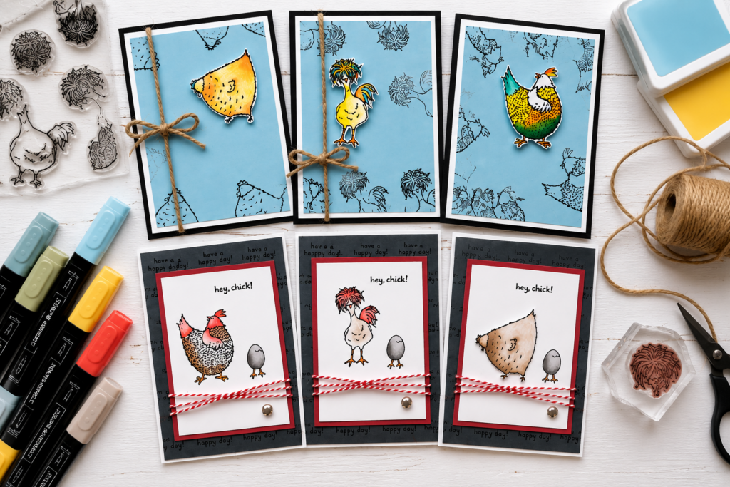 Six handmade birthday card ideas featuring colorful chicken designs with stamps, ink pads, markers, and card-making supplies.