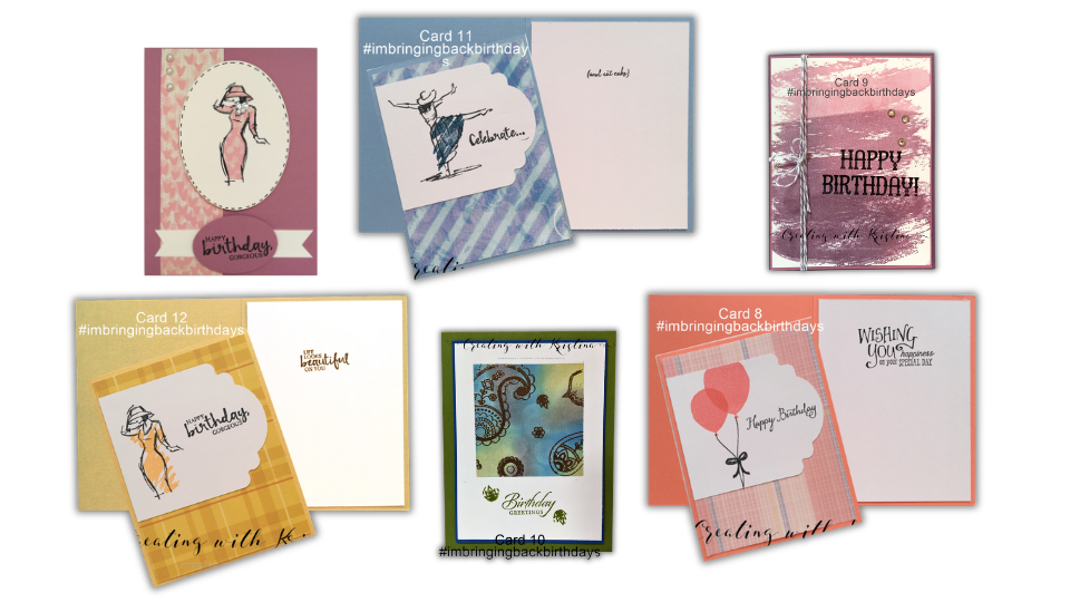 Six handmade birthday cards laid out together, including a rose-colored card with a woman in a hat, a paisley-stamped card, a Happy Birthday card with twine detail, a card with pink balloons, and two cards with 'Happy Birthday, Gorgeous' sentiments — handmade birthday card ideas from Card 7-12