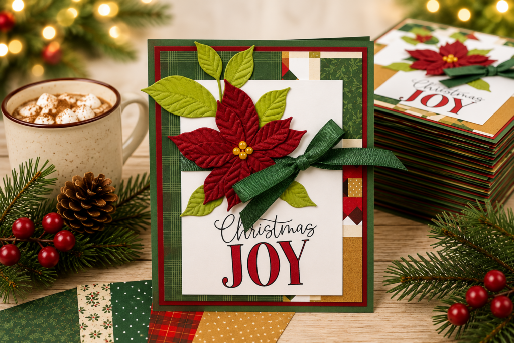 Front view of a handmade 6x6 paper Christmas card with a layered poinsettia, green ribbon, and Christmas Joy greeting beside a stack of matching holiday cards.