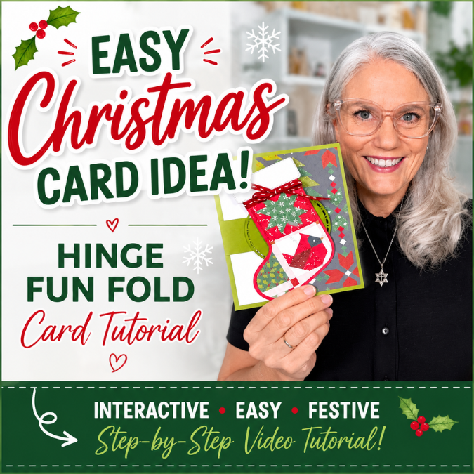 Woman holding a handmade hinge fun fold Christmas card with text promoting an easy Christmas card tutorial.