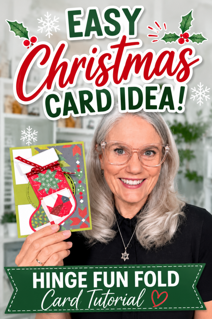 Easy hinge fun fold Christmas card tutorial featuring a handmade stocking card with festive Designer Series Paper.