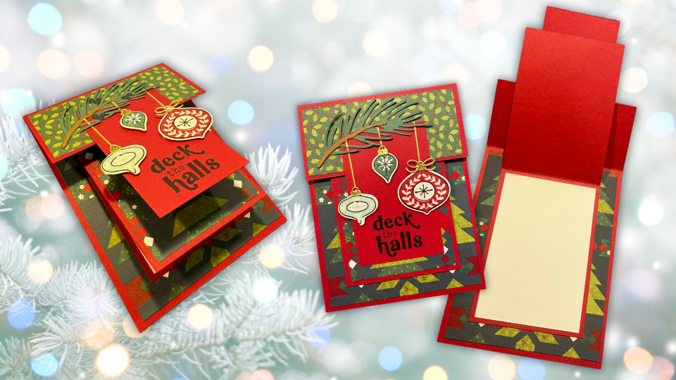 Fun fold Christmas card shown closed, partially open, and fully open with a hidden card inside.