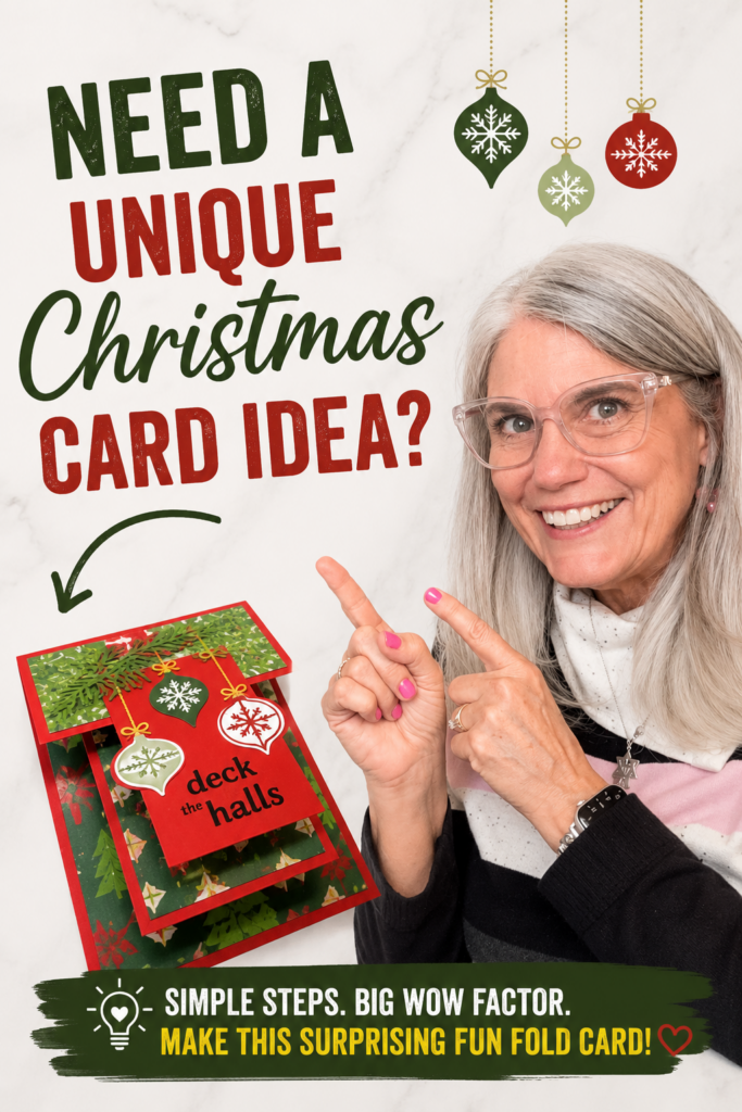 Fun fold Christmas card idea featuring Kristina Rees pointing to an interactive handmade Christmas card with a hidden card inside.