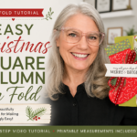 Kristina holding a Square Column Fun Fold Christmas card featuring a layered stocking embellishment with the tutorial title beside her.
