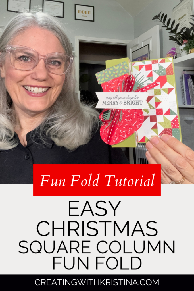 Woman holding a Square Column Fun Fold Christmas card featuring a red stocking and quilt-inspired patterned paper.