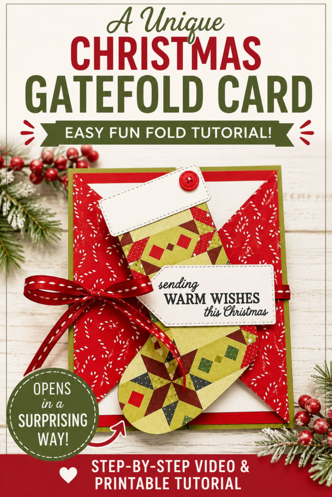 Unique Christmas gatefold card featuring a quilted stocking, ribbon closure, and festive designer paper. Step-by-step tutorial for making this easy Christmas fun fold card.