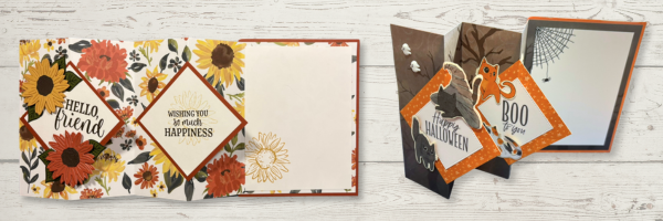 Accordion fun fold cards in sunflower and Halloween designs, featuring 'Hello, friend' and 'Happy Halloween, Boo to you' sentiments