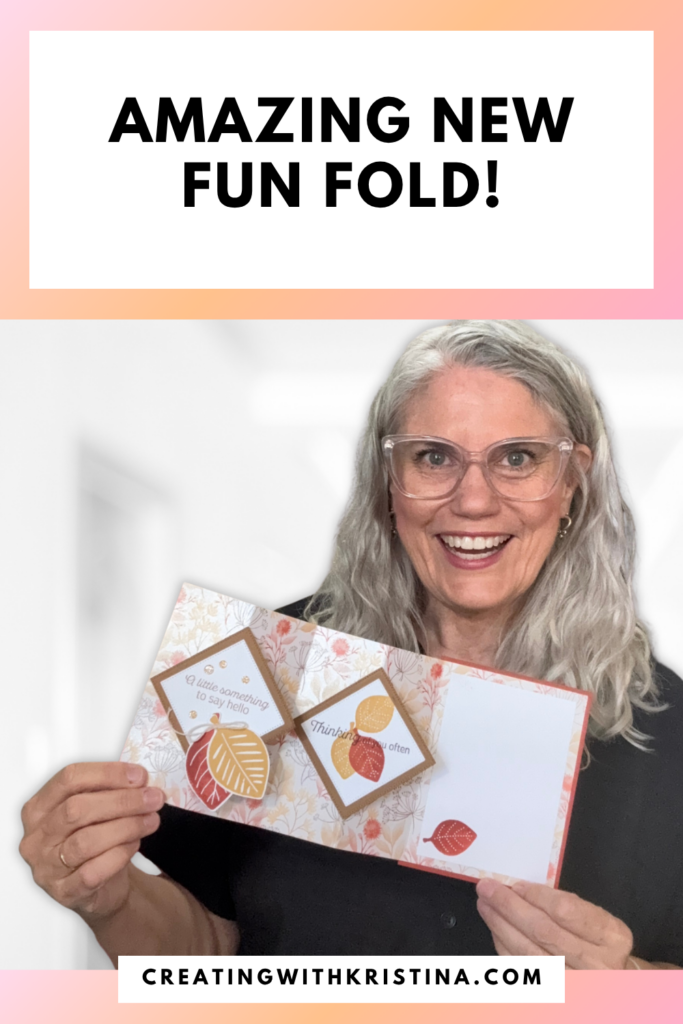 Pin this accordion fun fold fall card tutorial — woman holding a fall-themed fun fold card with leaf and floral designs