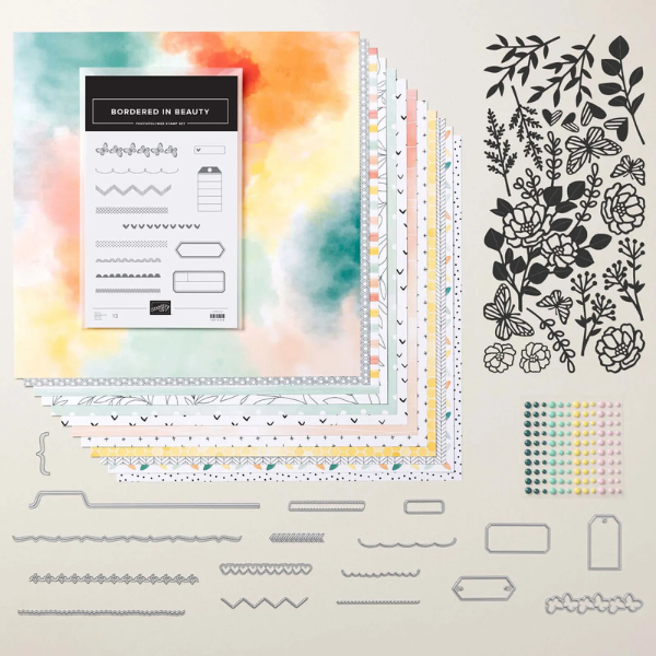 Beautiful Ordinary Life Suite Tutorial Collection featuring the Bordered in Beauty stamp set, coordinating designer paper, dies, embellishments, and embossing folder used to create the tutorial projects.