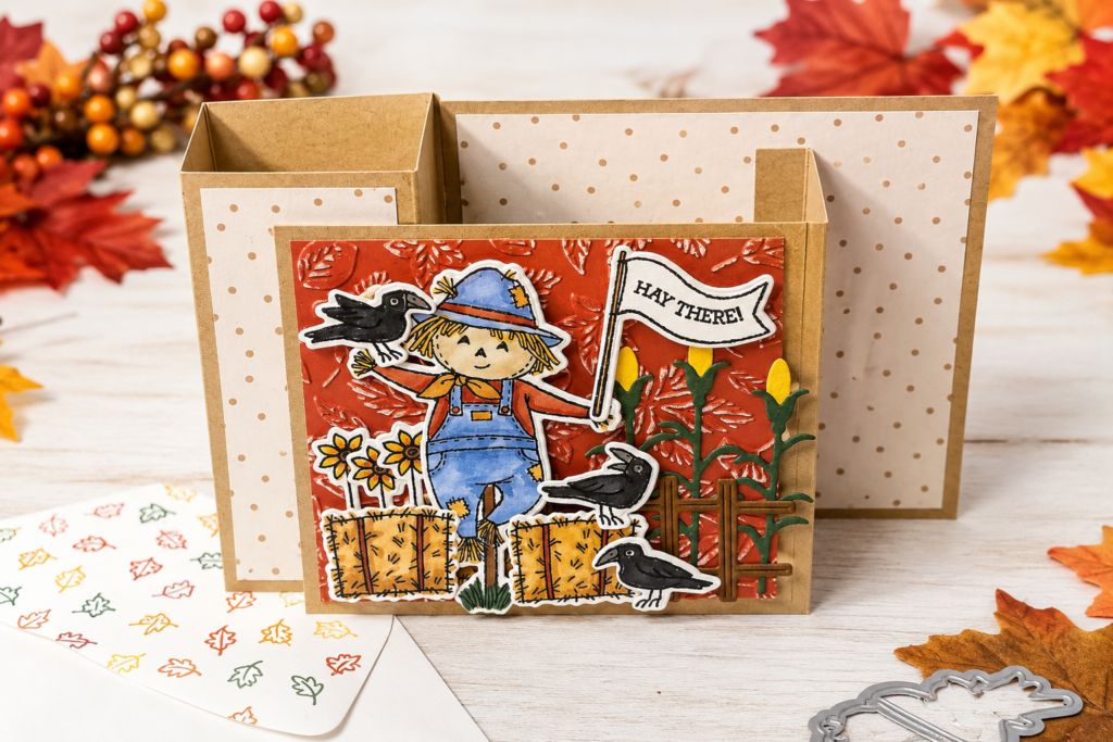 fall fun fold card with a cute scarecrow, crows, hay bails, and corn stalks.  The card is made with a square column double box fold and features embossed leaves on two tone card stock.