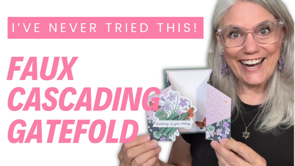 Woman smiling holding an open faux cascading gatefold card with violets and monarch butterflies, thumbnail reading 'I've never tried this! Faux cascading gatefold