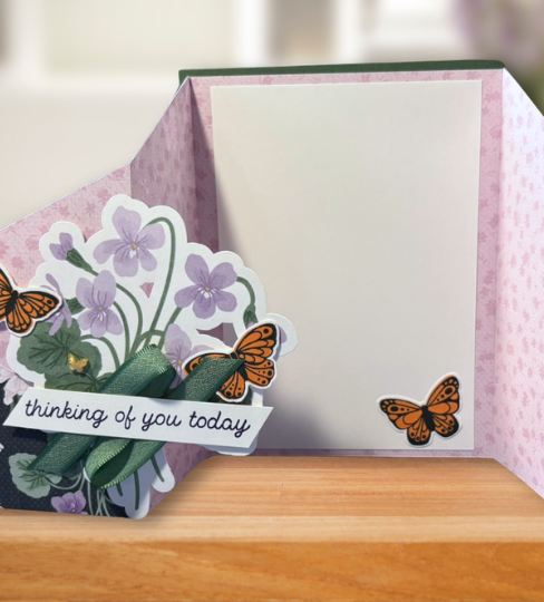Faux cascading gatefold card opened showing layered envelope-style fold