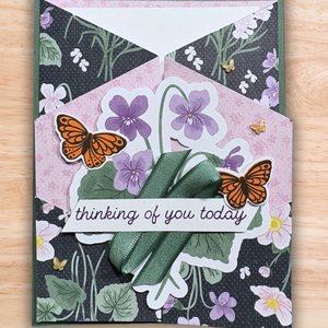 Faux cascading gatefold thinking of you card with violets and monarch butterflies