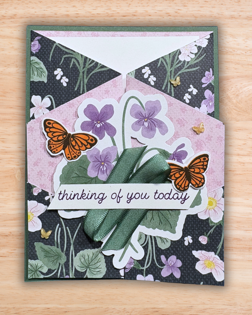 Faux cascading gatefold thinking of you card with violets and monarch butterflies