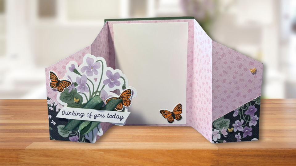 Faux cascading gatefold card opened showing layered envelope-style fold