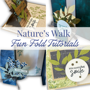Nature's Walk fun fold card tutorial collage showing four handmade cards with leaf and botanical designs, including a flip-panel fold, Z-fold, easel card, and pop-up gatefold card