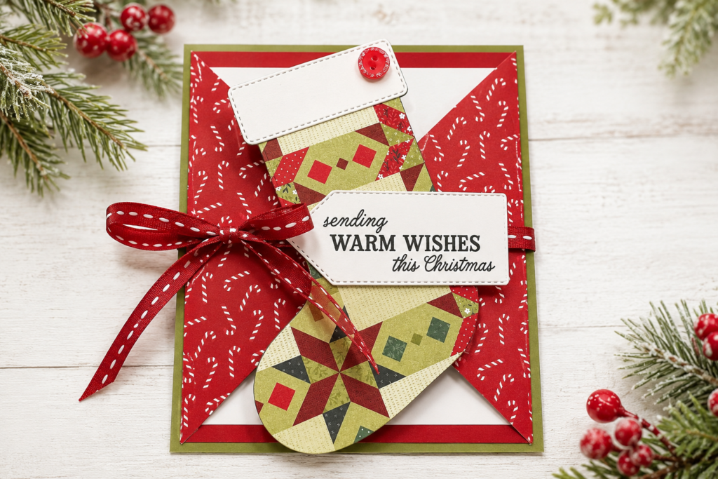 Handmade Christmas gatefold card featuring a quilted stocking, ribbon closure, and festive designer paper.