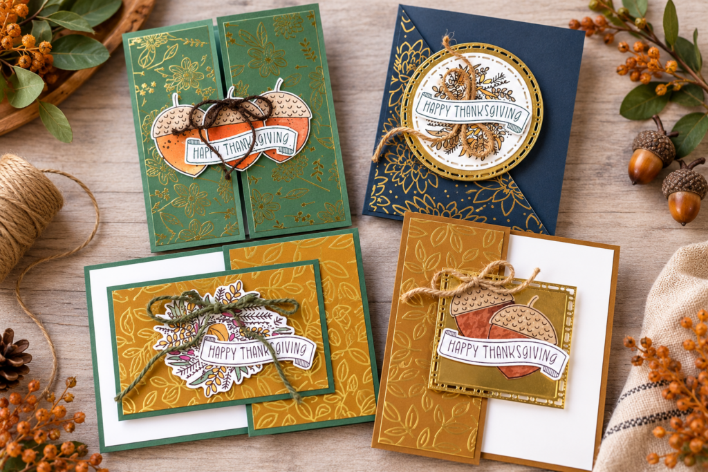 Four handmade fun fold Thanksgiving cards featuring Z-Fold, Gate Fold, Cut and Flip, and Triangle Fold designs
