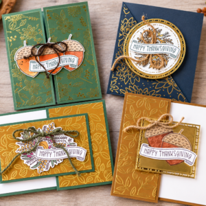 Four handmade fun fold Thanksgiving cards featuring Z-Fold, Gate Fold, Cut and Flip, and Triangle Fold designs