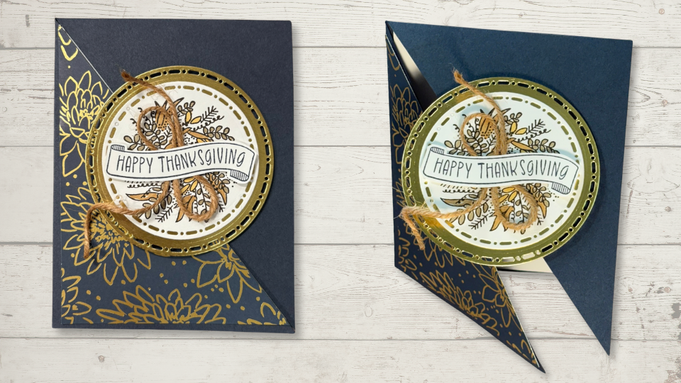 Handmade Triangle fun fold card with Luxe Foliage paper, layered wreath, gold accents, and Happy Thanksgiving sentiment