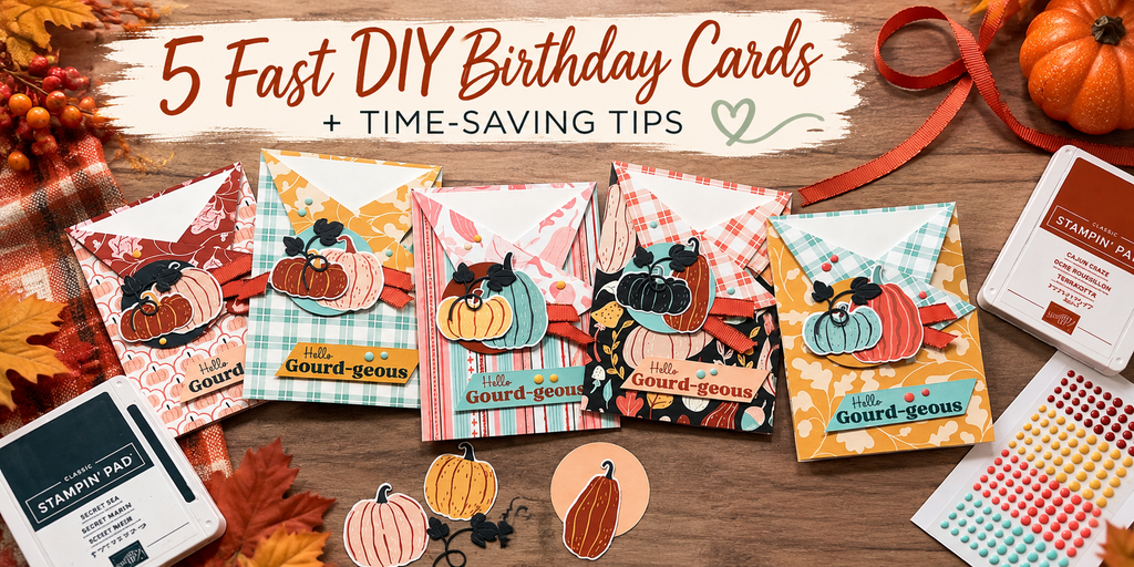 Five fast DIY birthday cards featuring fall patterned papers and layered pumpkins with time-saving card making tips