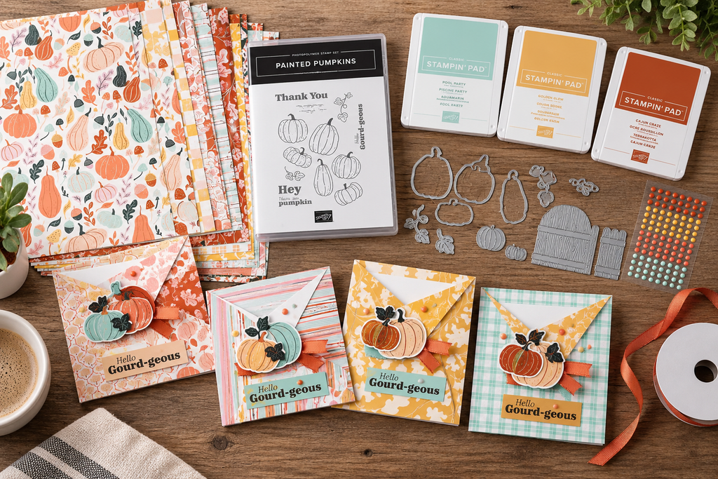 DIY birthday cards made with coordinating Painted Pumpkin paper, stamps, dies, ink pads and embellishments