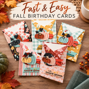 Fast and Easy Fall Birthday Cards tutorial featuring five handmade pumpkin cards with colorful Designer Series Paper