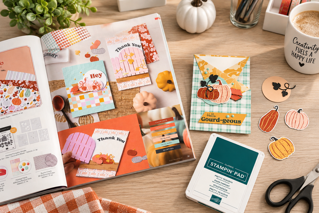 Stampin' Up! catalog beside a finished birthday card showing how catalog samples can inspire card making ideas